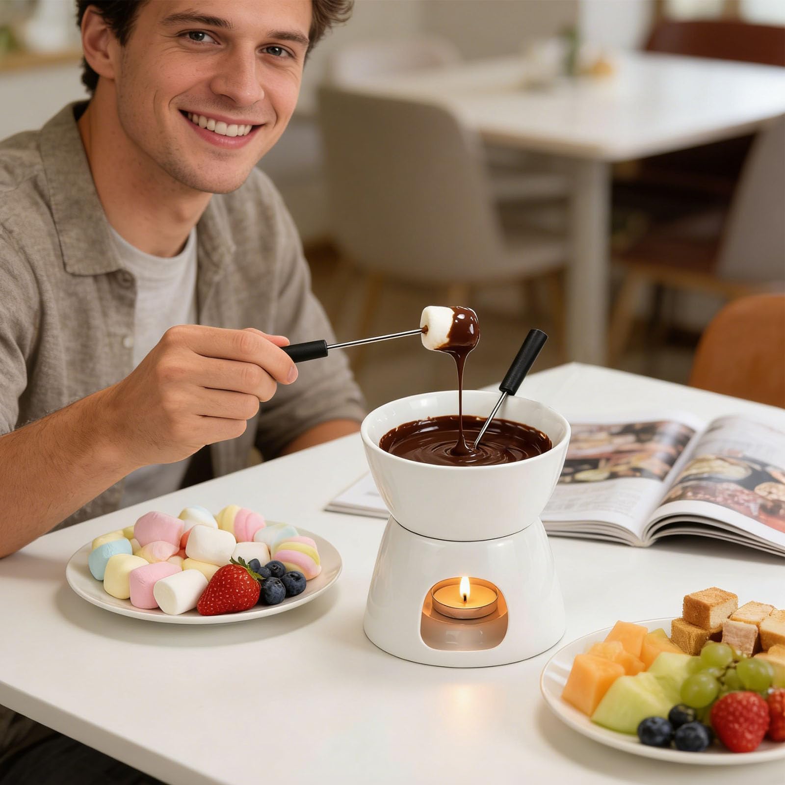Set de Fondue de Chocolate 300 ml – Olla de Cerámica con 2 Tenedores, Mini Cazuela para Chocolate, Queso y Mantequilla – para el Hogar, Cenas en Pareja o con Amigos