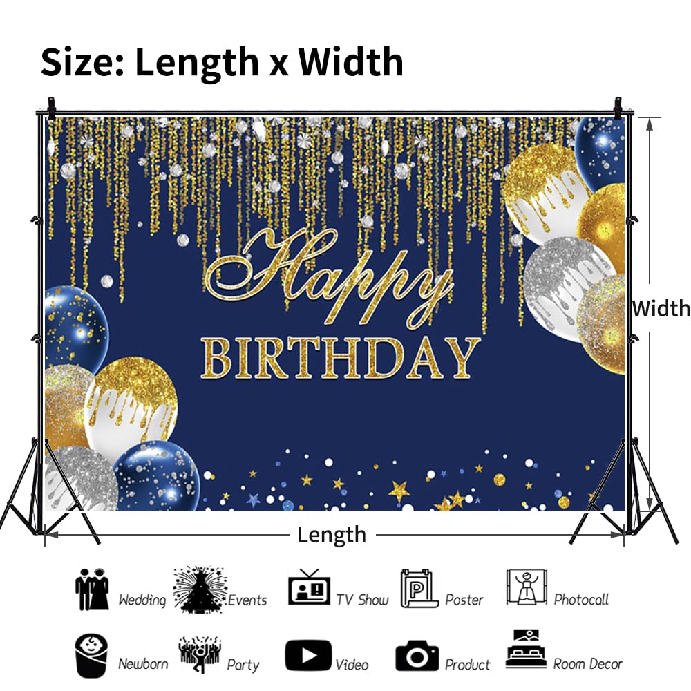 3,6 x 3 m blauer und goldener Happy Birthday-Hintergrund, Glitzer, goldene, silberne Punkte, Diamanten, Luftballons, Geburtstag, Fotografie, Hintergrund, Jungen, Männer, Geburtstagsparty