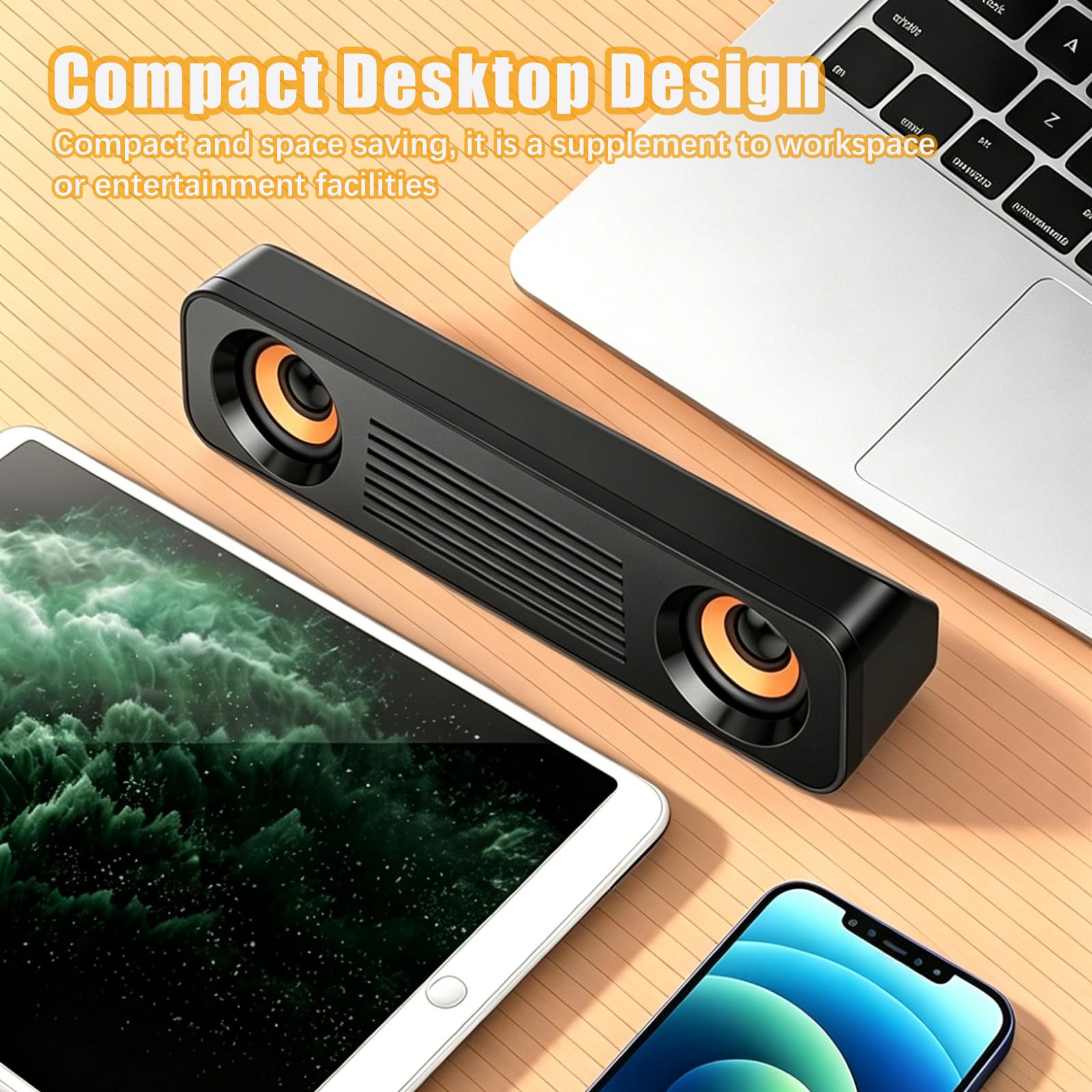 Soundbar do telewizora, zasilany przez USB, przewodowy soundbar z ulepszonym basem, kompaktowy głośnik multimedialny do komputera, laptopa i monitora biurkowego, czarny