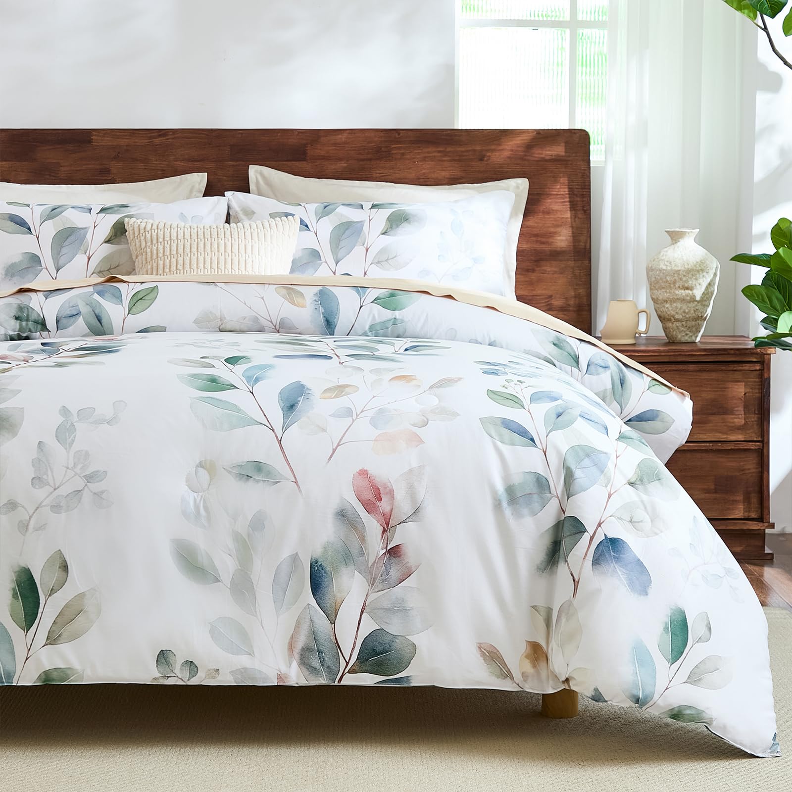 Herside 100% Cotton Bedding Set Double Green Botanical Bedding Set Sage Green Leaf Floral Printed Modern Country Theme Bedding Super Soft Breathable & Reversible Cotton Duvet Cover Set Easy Care