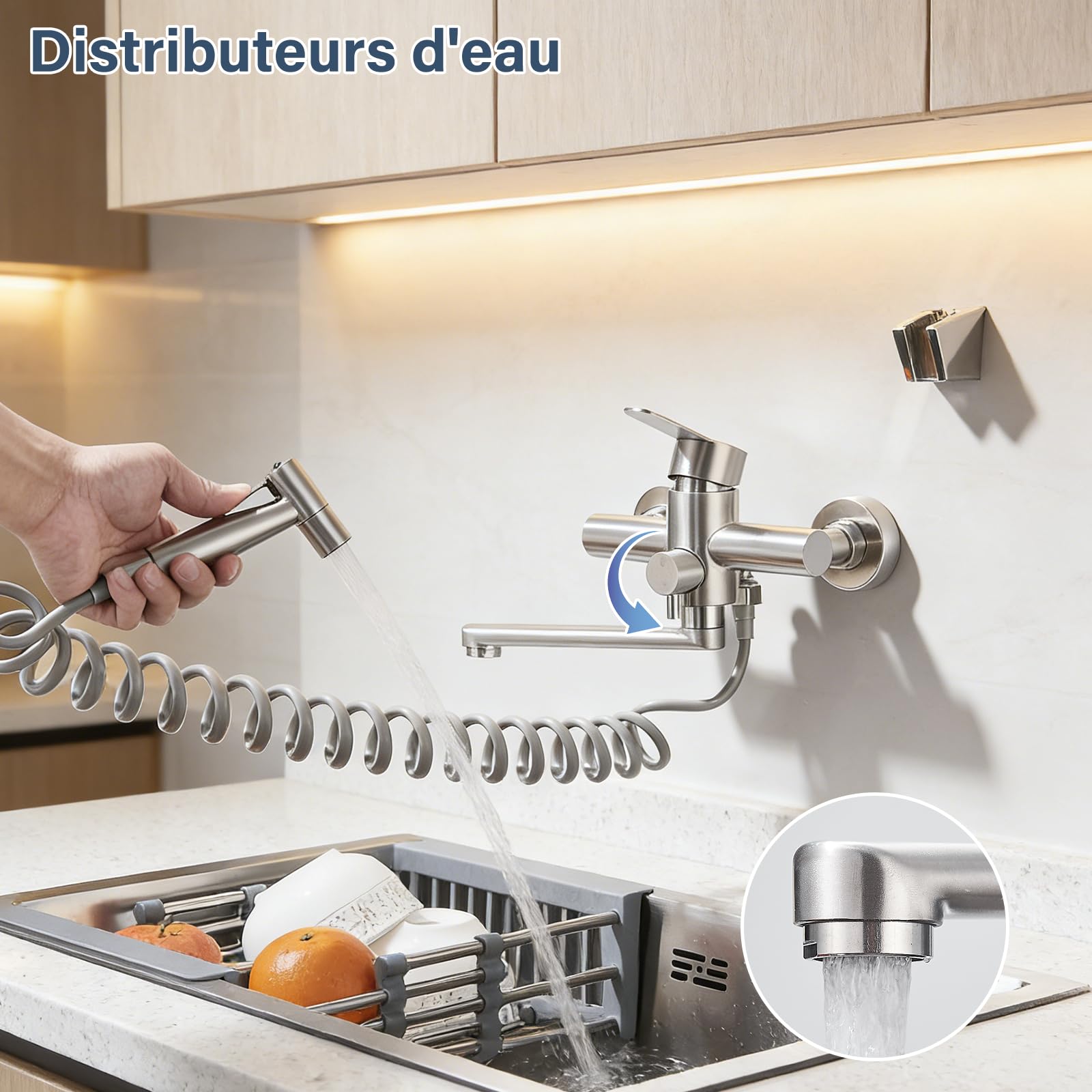Robinet Mural Cuisine,Mitigeur Cuisine Mural avec Pistolet,Pivotant à 360° Robinet Mélangeur,Tube Rotatif 22cm,Brossée - 4