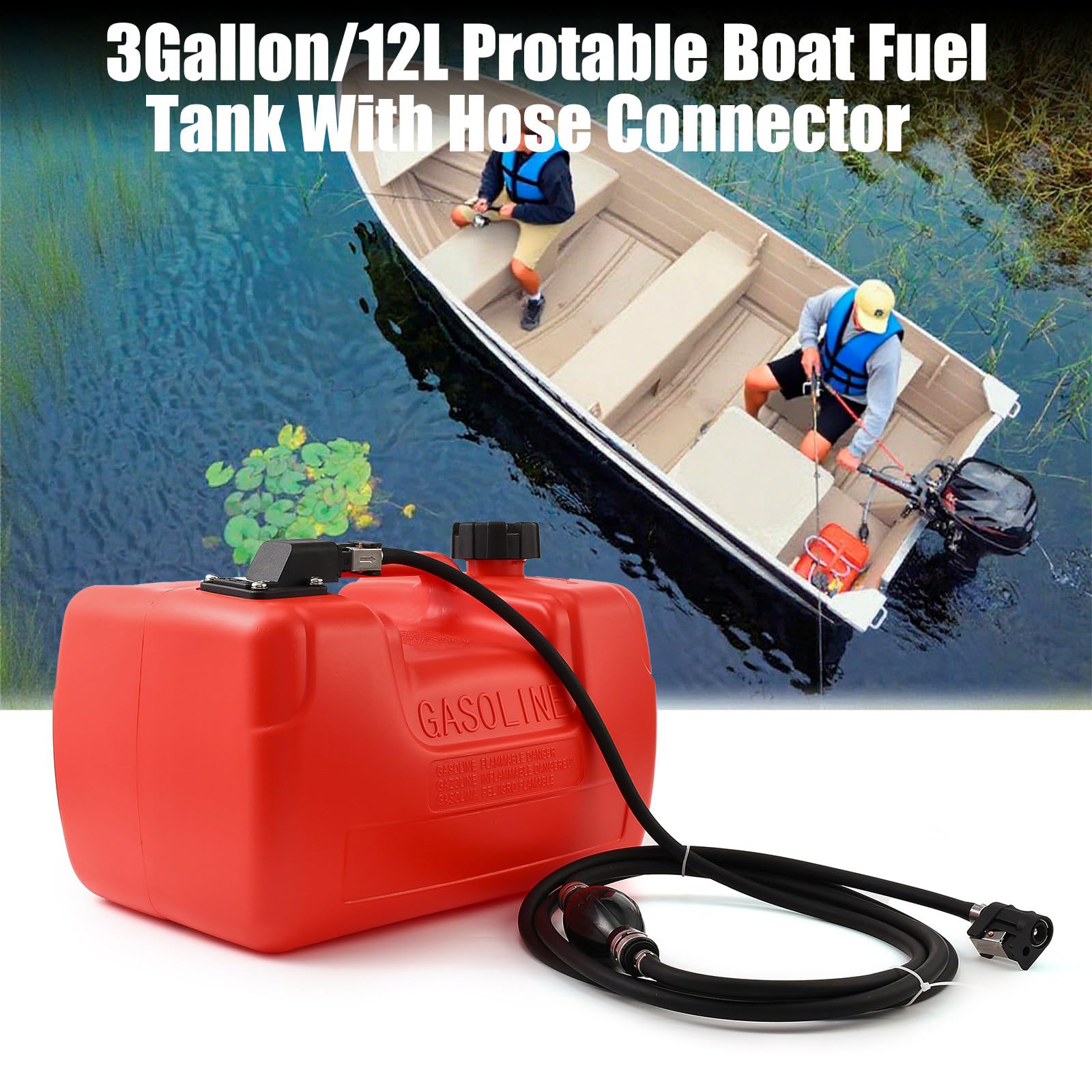 Blueshyhall 12L Bootstank Set Außenborder mit Tragebarer Externer Benzintank, 3,2M Schlauch, Pumpball und Anschluss, für Außenborder Ø8mm Anschluss, Kraftstofftank aus HDPE mit Füllstand Anzeigen