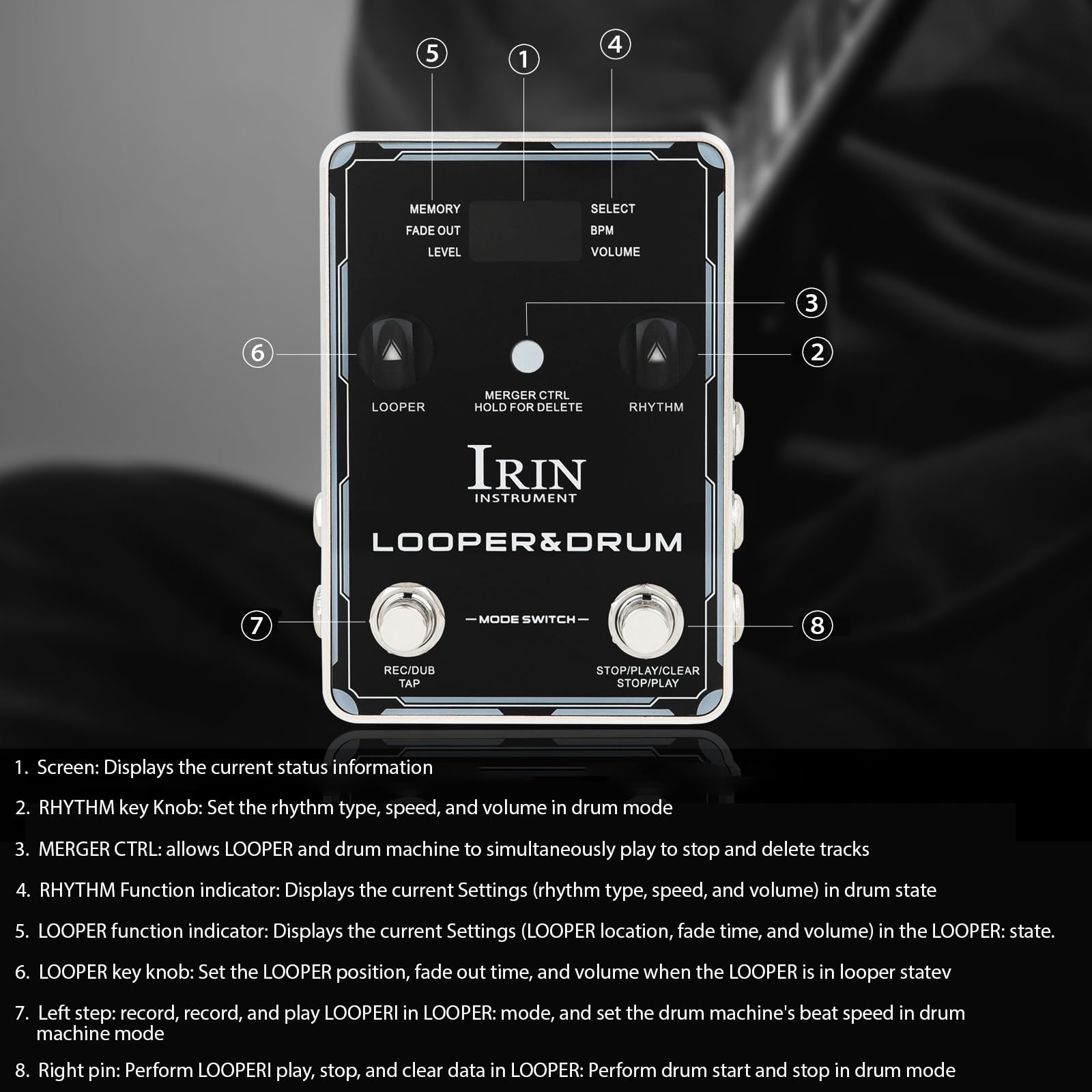 Looper Pedal Caja de ritmos Pedales de Efectos de Guitarra 44,1 kHz/24 bits 160 Minutos Tiempo de grabación 100 ritmos de Caja de ritmos Clavos de Doble Paso Pedal Looper Conector para