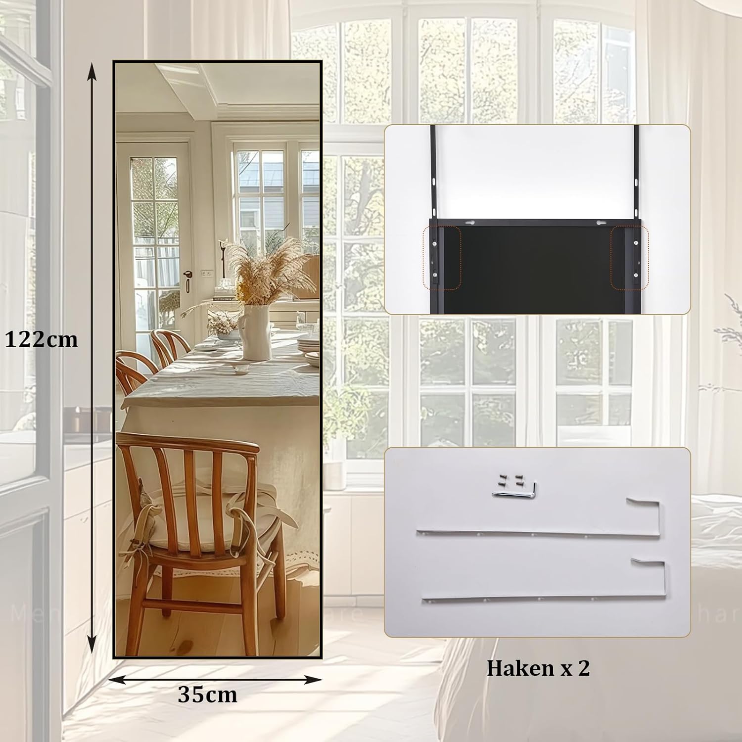 Full Length Mirror, 122 x 35 cm, Hanging Mirror Over the Door, Wall Mirror with Aluminium Frame, Door Mirror for Bedroom, Living Room, Narrow, Black