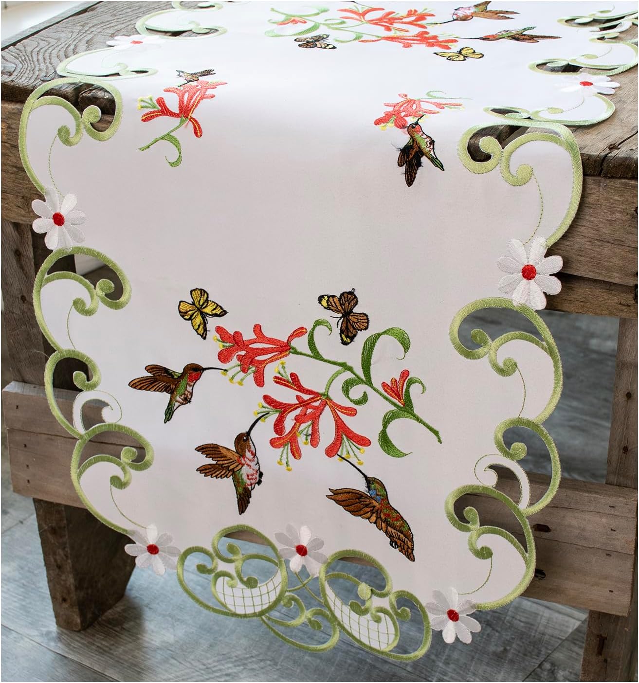 Embroidered Table Runner with Hummingbirds and Butterflies, Floral Design, White with Green Border (15Wx34L)