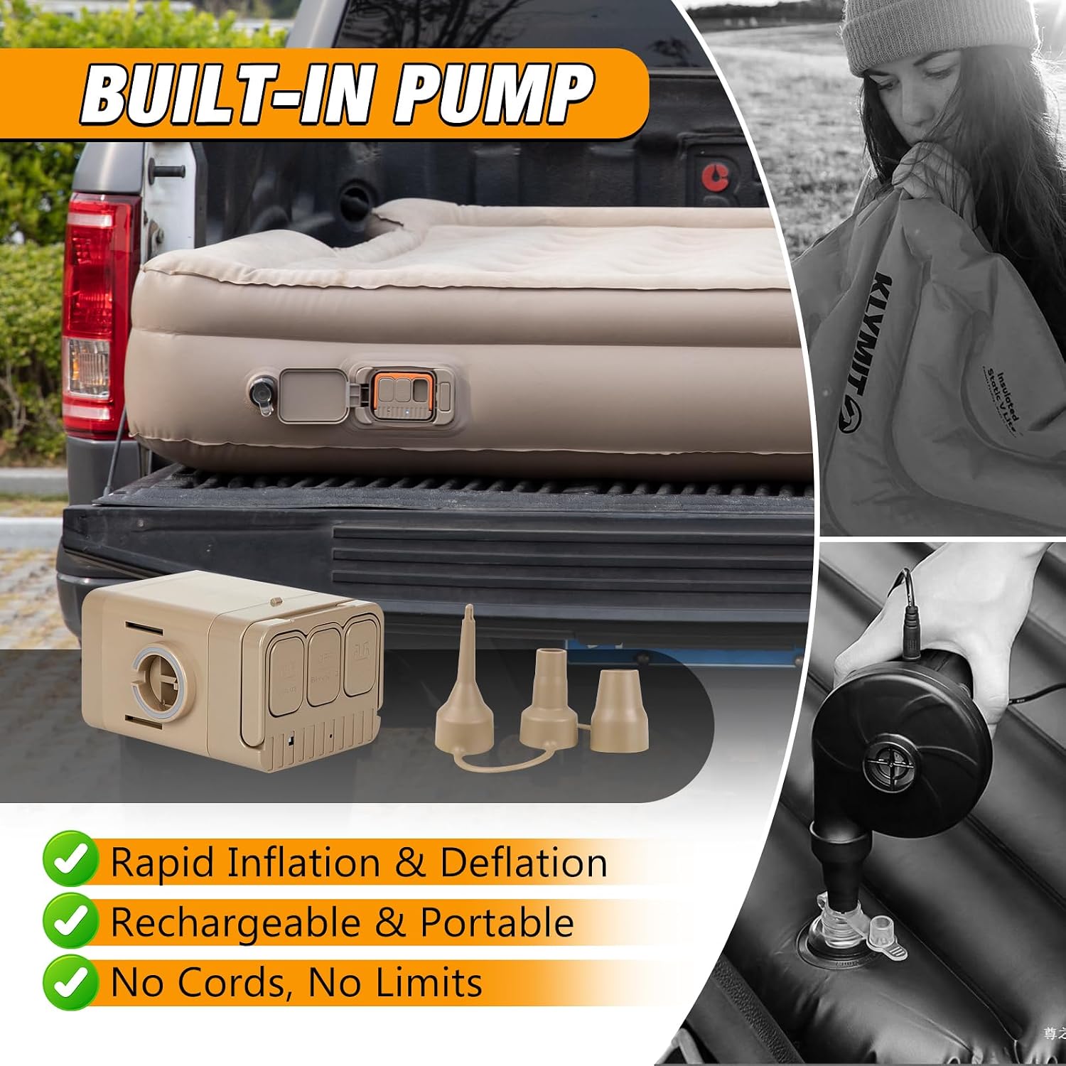 Pickup Truck Bed Air Mattress for 5.5-6.7FT Full-Size Short Pickup Beds, Soft-Touch Surface Truck Air Mattress with Rechargeable Cordless Air Pump for Camping.