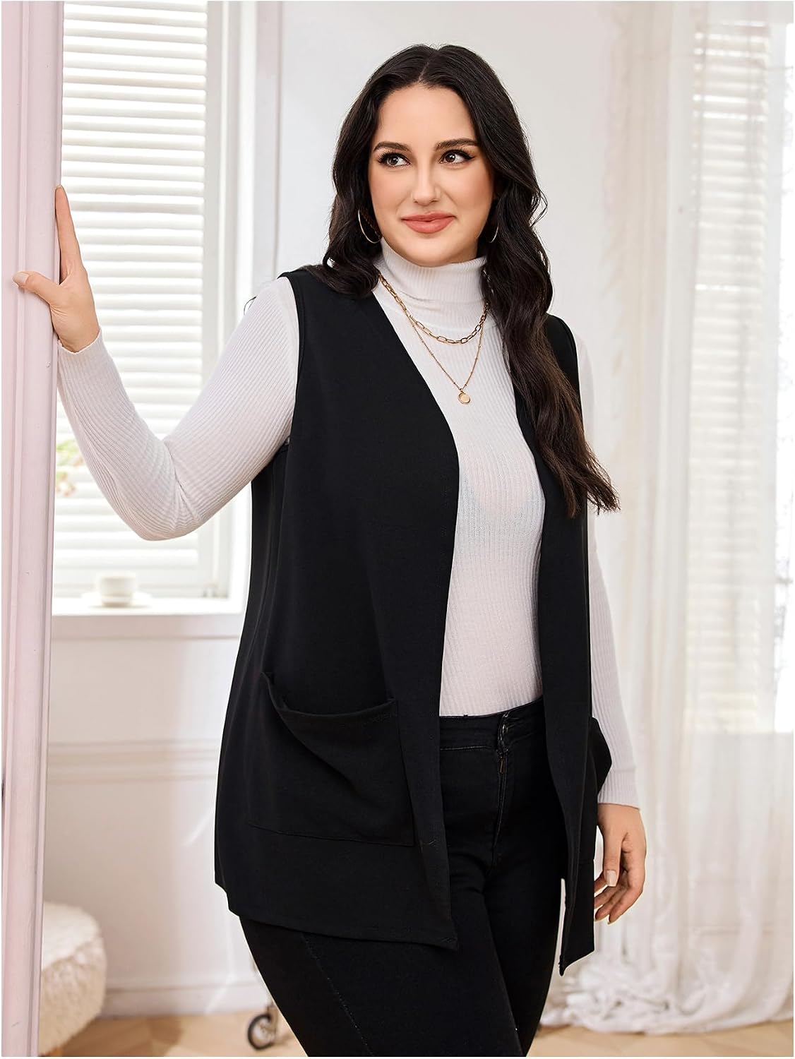 SHENHE Women's Plus Size Sleeveless Long Vest Jacket Open Front Business Work Jacket with Pockets