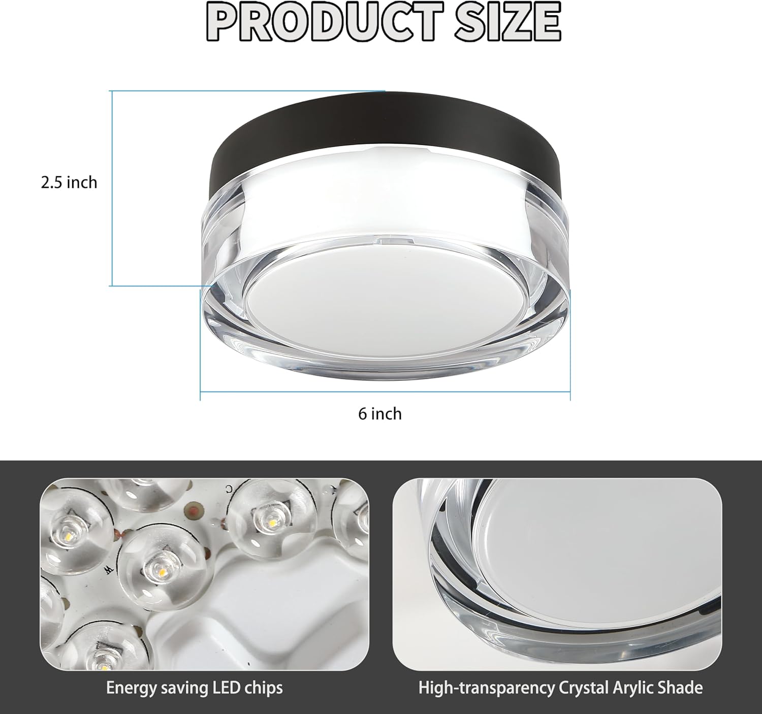 6 inch Flush Mount Ceiling Light Fixture, 3CCT LED Ceiling Lights, Black Modern Dimmable Lighting for Closet Hallway, Two Layers Acrylic Shade, 3000K/4000K/5000K