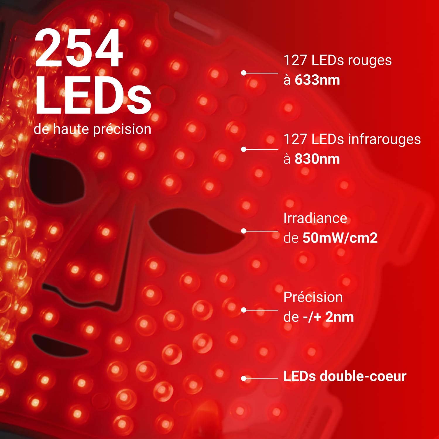 NOOANCE - Masque LED Anti-Âge “Le Professionnel” - 254 LEDs 633/830 nm – Photobiomodulation de haute performance - Rides, Fermeté, Éclat
