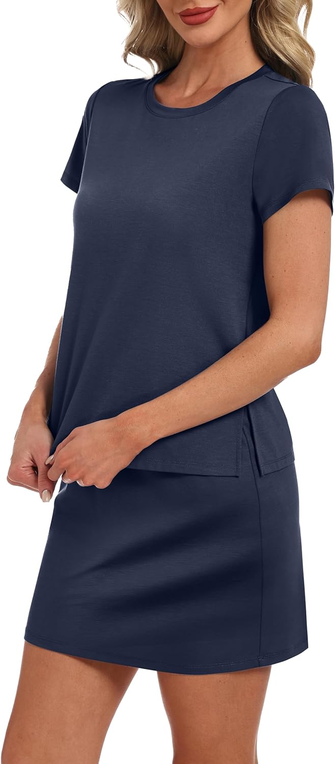 Sampeel Women's 2 Piece Skirt Sets Side Slit Tops and Tennis Skort with Pockets Trendy Airport Loungewear Travel Outfits