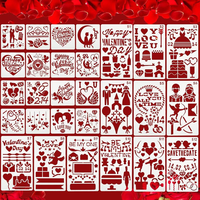 Devasya Crafts 28 Pieces Valentine's Day Stencils Reusable Valentine Painting Templates Plastic Heart Couple Drawing Scrapbooking Stencils for Valentine's Day Wedding Party Supplies Scrapbook Card Decoration