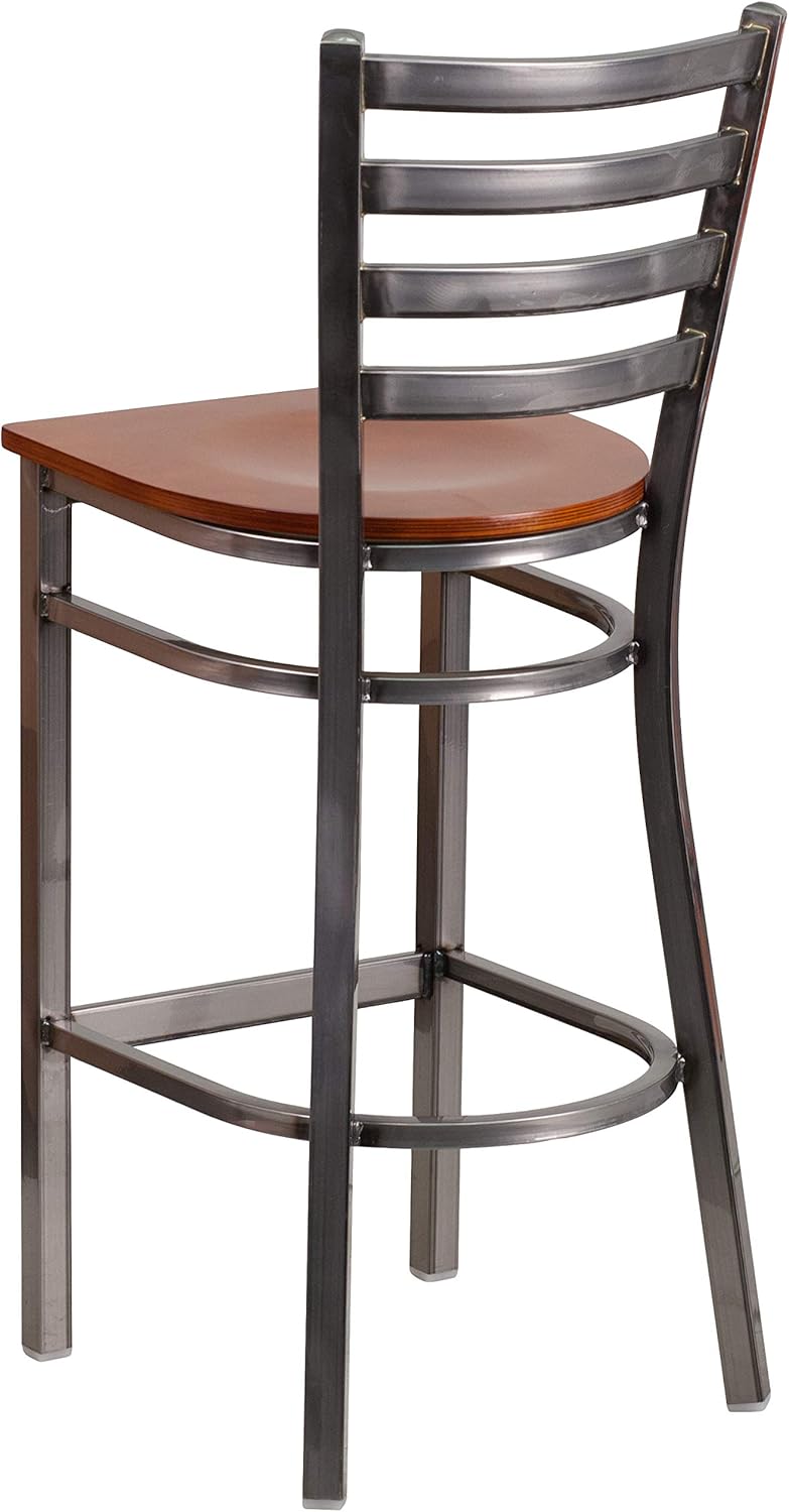 Flash Furniture 2 Pack HERCULES Series Silver Antique Finish with Clear Coat Ladder Back Metal Restaurant Barstool - Cherry Wood Seat