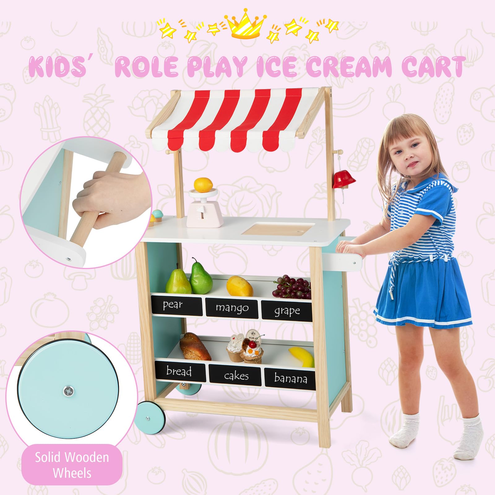 HOMASIS Gelato Truck per Bambini, Negozio di Giocattoli con 6 Gelati, Gelateria con Ruote e Tenda Regolabile, Carrello della Spesa in legno, Set di Bancarella Gioca per Bambini, 3+ Anni (Rosso)