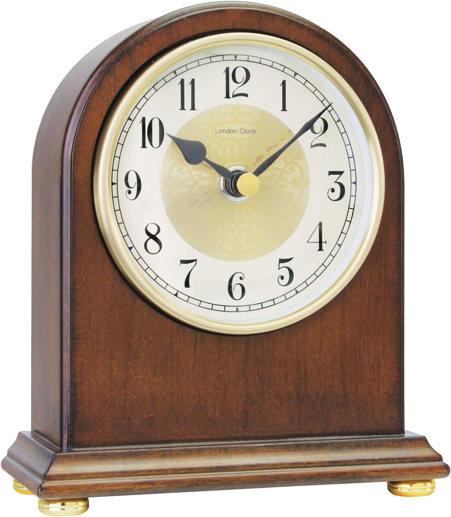 Dark Wooden Mantle/Mantel Clock, Arch Top, Quartz/Battery Operated with Arabic Dial & Black Hands.