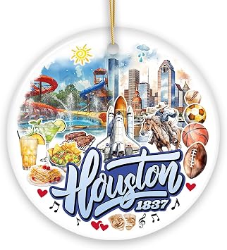Artistic Houston Ceramic Ornament, Texas Souvenir with Vintage City Elements and Space Shuttle Circle