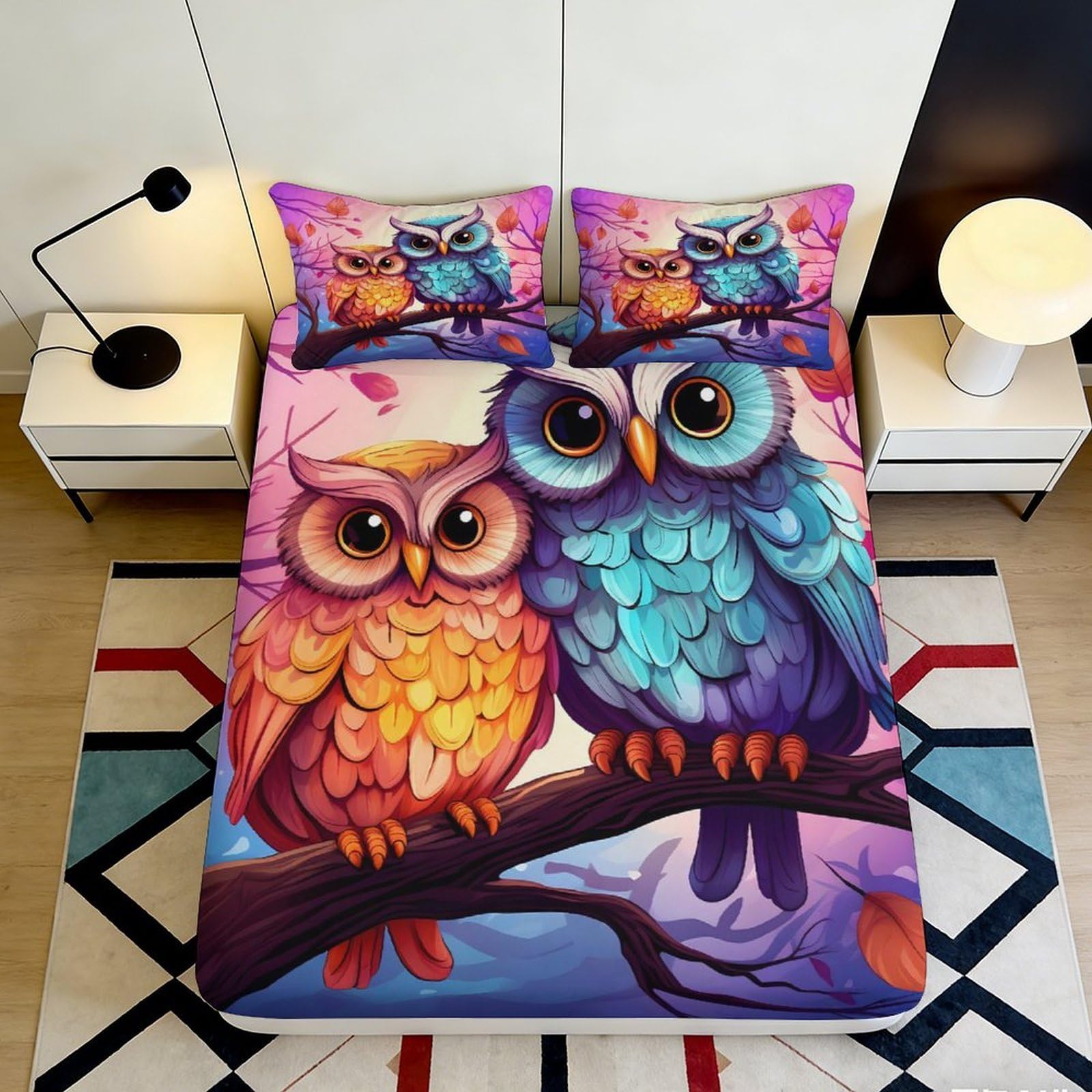 3D Printed Colorful Owl Fitted Sheet Microfiber Soft Breathable Cartoon Birds Bed Cover for Bedroom Dorm Decor 90x200x25cm