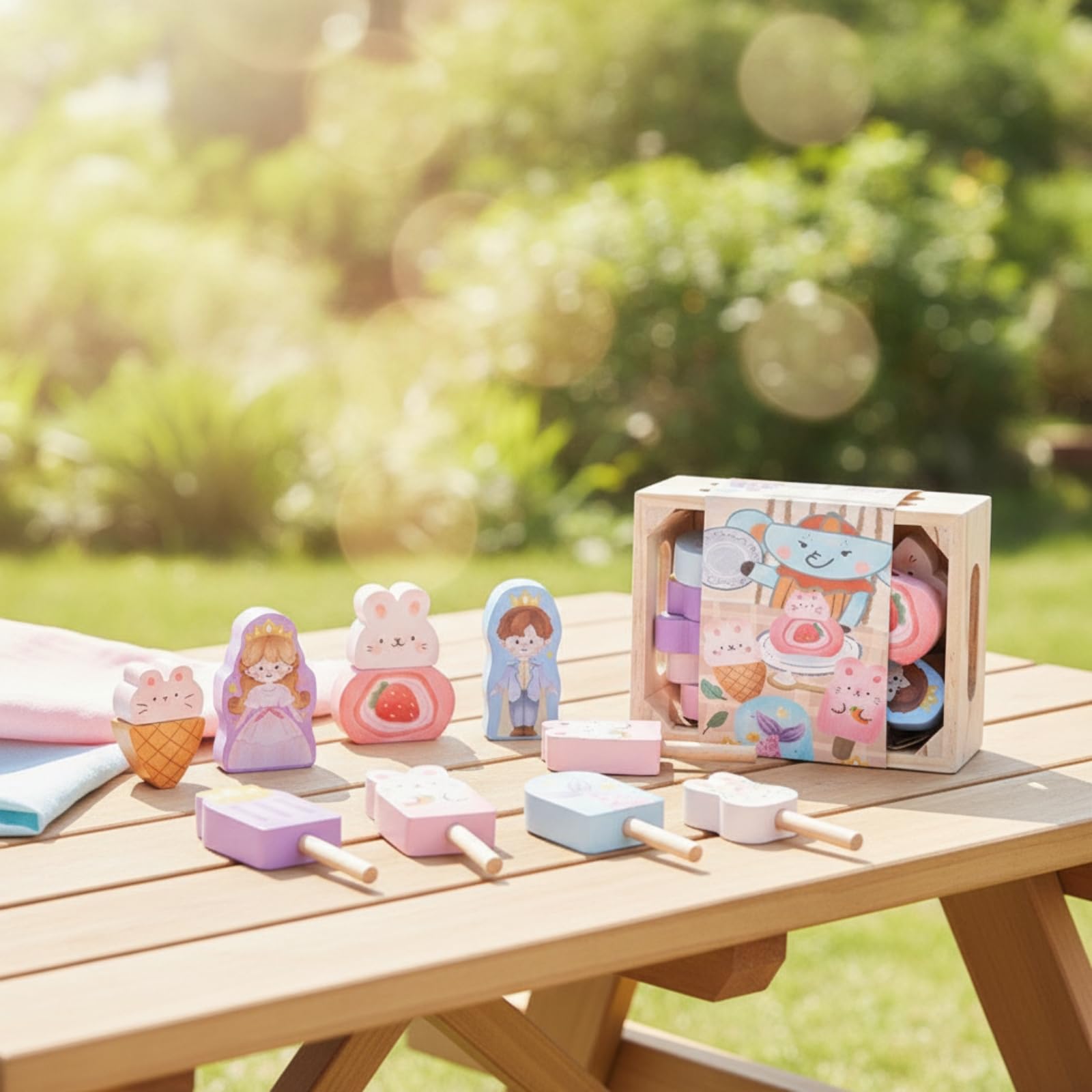 Sharplace Children Kitchen Playthin Kit de Alimentos de Madera Juguete de Cocina para Niños Caja Sólida con Tapa Ilustrada Cuchillo Juguete Piezas de Comida, Postres