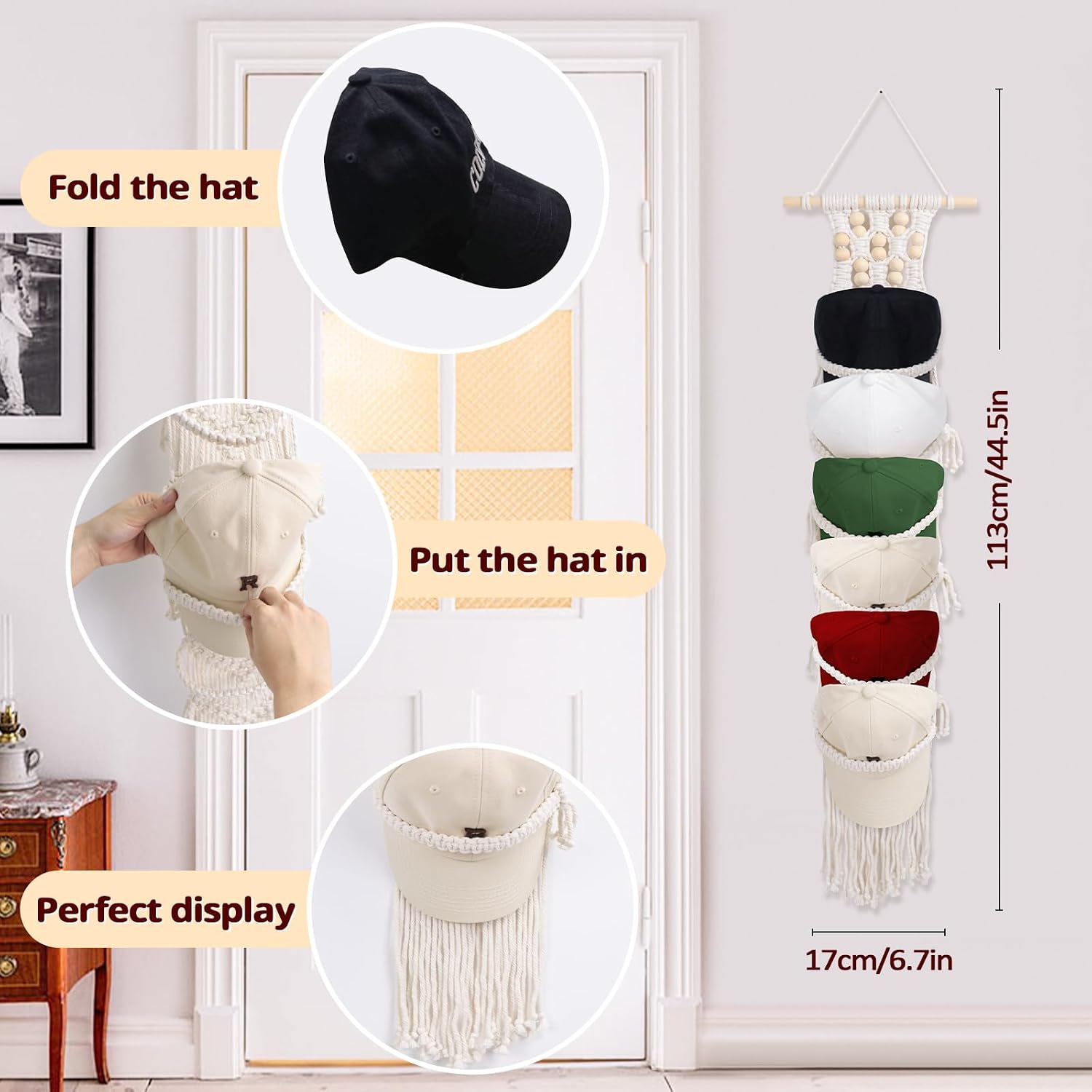 SelfTek 1 Pack Hat Organizer for Baseball Ca-ps, Macrame Hat Holder For Wall, Hat Racks for Wall Door, Boho Hat Hanger Decorative Hat Storage for Baseball C-aps [ Up to 12 C-aps ]