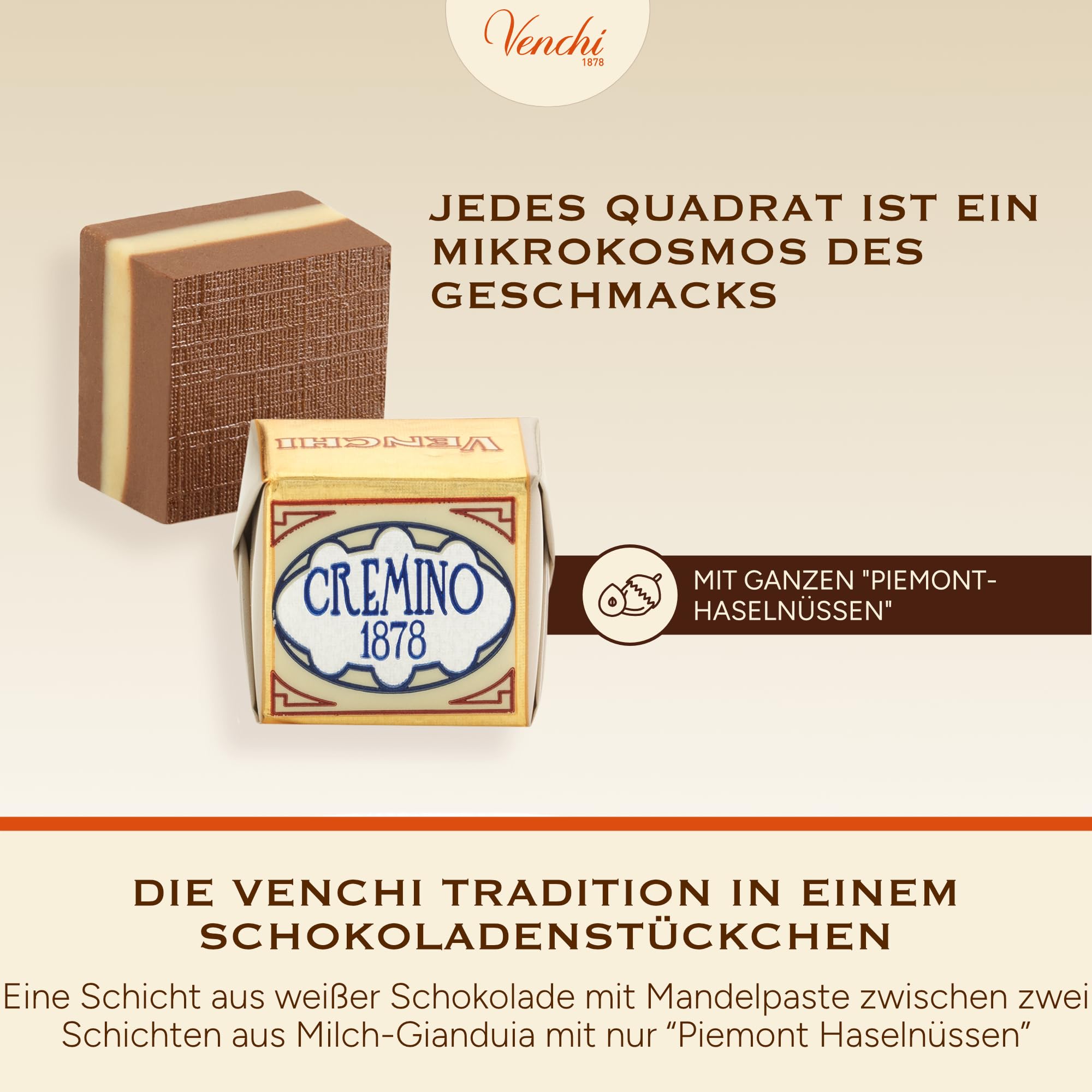 Venchi - Cremini 1878 - Dreischichtige Pralinen mit Milch-Gianduja und Mandelpaste, „Piemontesischer Haselnuss g.g.A.“, 1 kg, glutenfrei, ohne Farbstoffe und ohne Konservierungsmittel