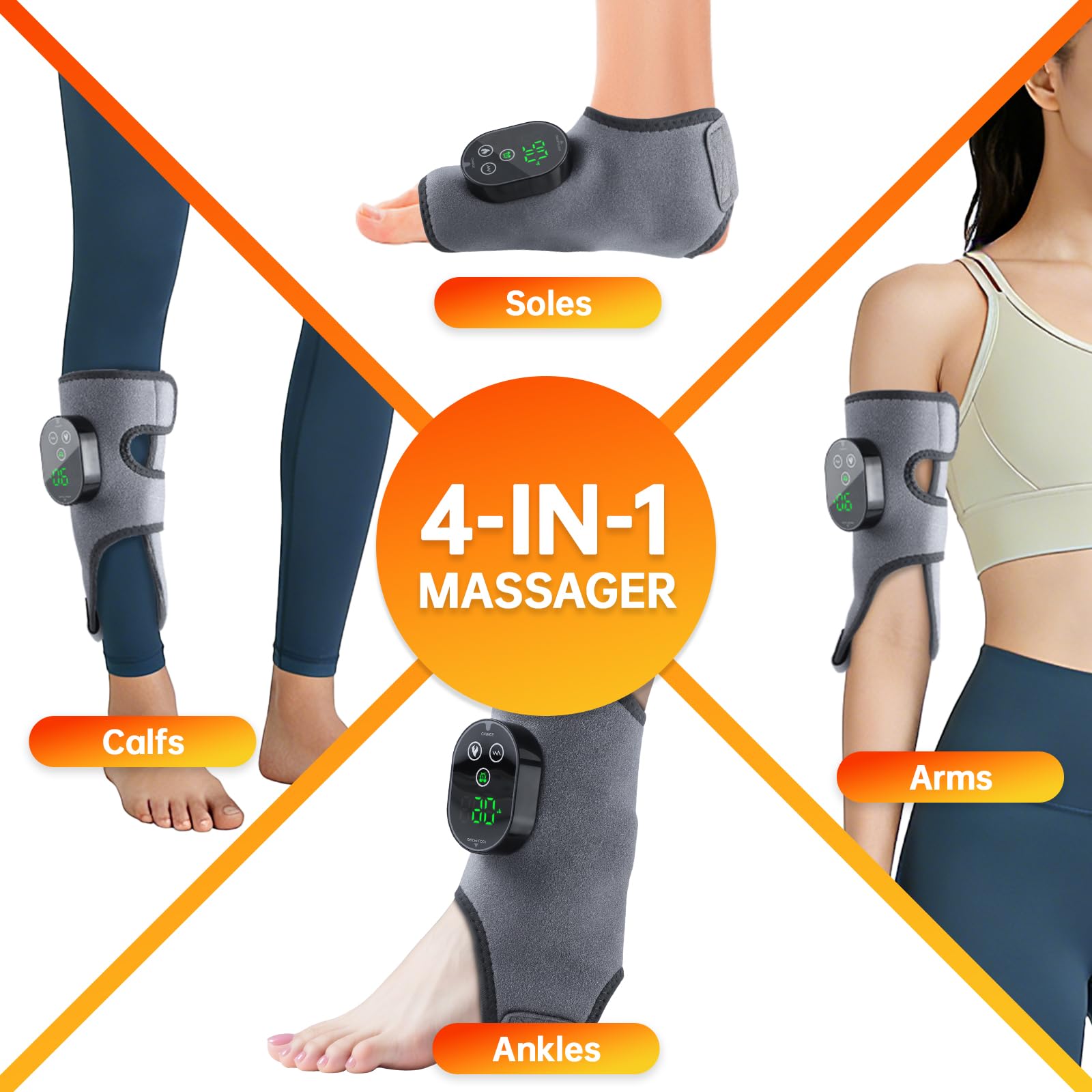 Masajeador De Pies Inalámbrico, 2PC Masajeador Eléctrico De Pies, Masajeador de pies con 3 Modos de Vibración y 6 Niveles de Calor Masajeador 4 en 1 para pies, Piernas, Rodillas y Codos