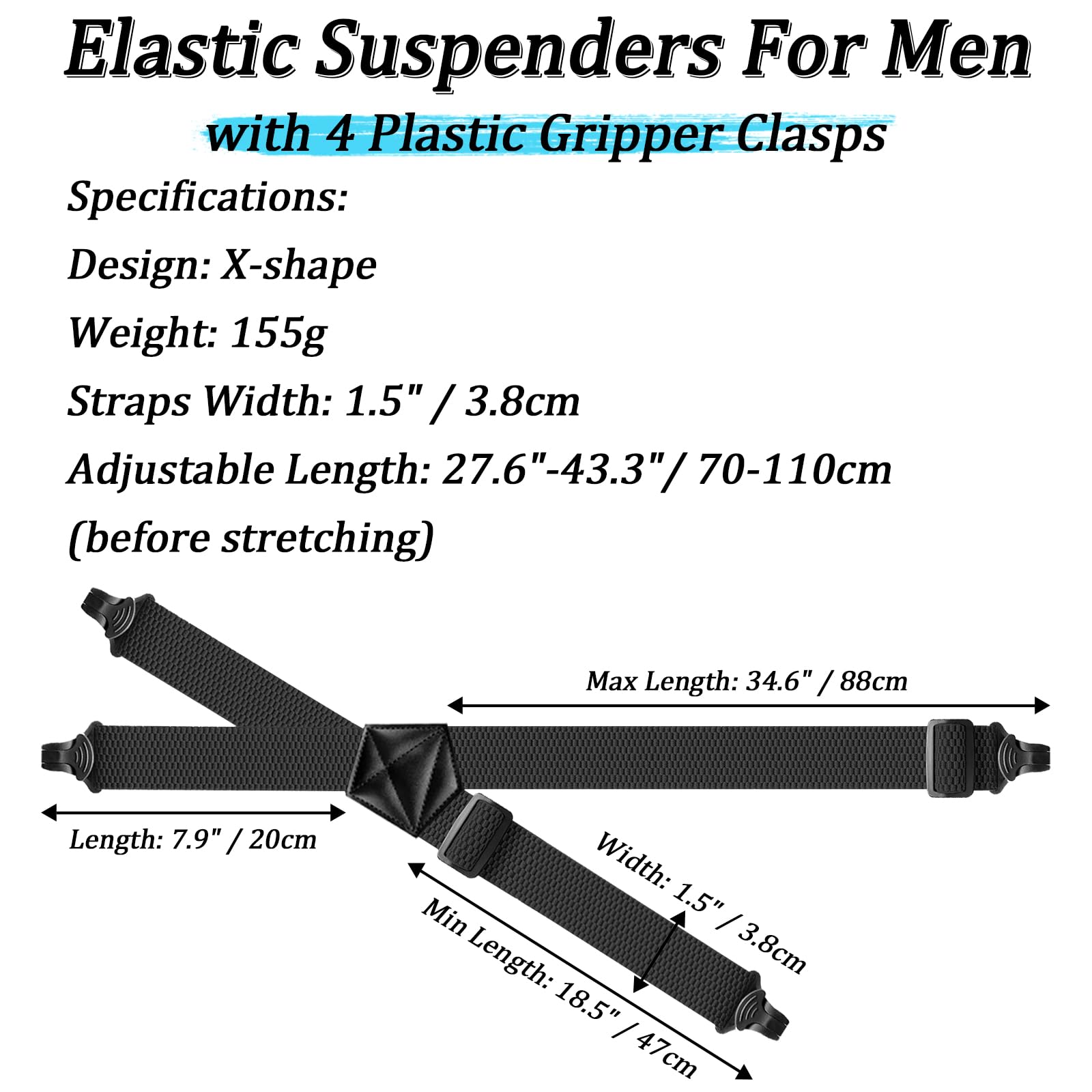 Suspenders for Men Heavy Duty 1,6 cala Wide Airport Friendly Hidden Suspenders with 4 Plastic Gripper Clasps Adjustable Elastic Braces for Casual Work X-Back czarne