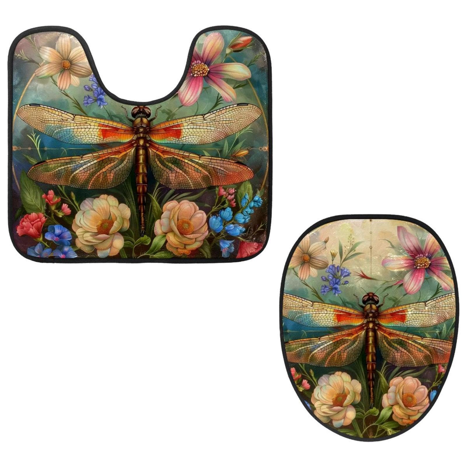 MUOOUM Toilet Lid Cover and U-Shaped Toilet Floor Mat Set of 2 Pieces, Colorful Flowers and Dragonfly Toilet Mat Set, Machine Washable Seat Covers Non-Slip Absorbent Rugs