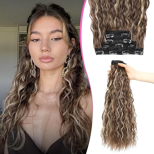 Extensiones de cabello ondulado con clip de 20 pulgadas, 4 piezas, extensiones de cabello rizado con clip, extensiones de cabello grueso de trama de