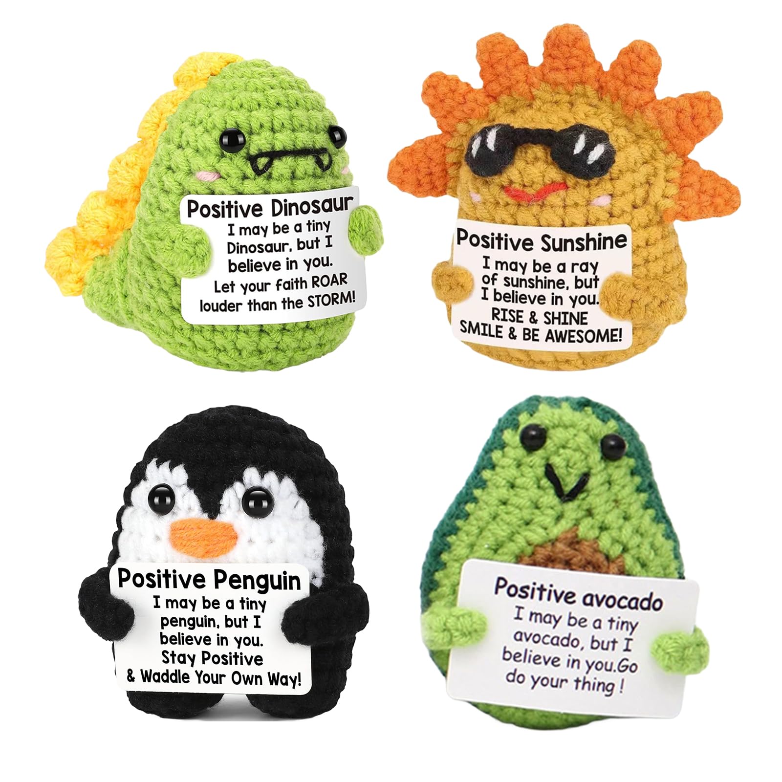 chsuyemm Mini Positive Gifts 4PCS Positive Crochet Animals Emotional Support Crochet Doll Positive Avocado Penguins Dinosaur Duck Birthday Christmas Friends Gifts Office Desk Decor