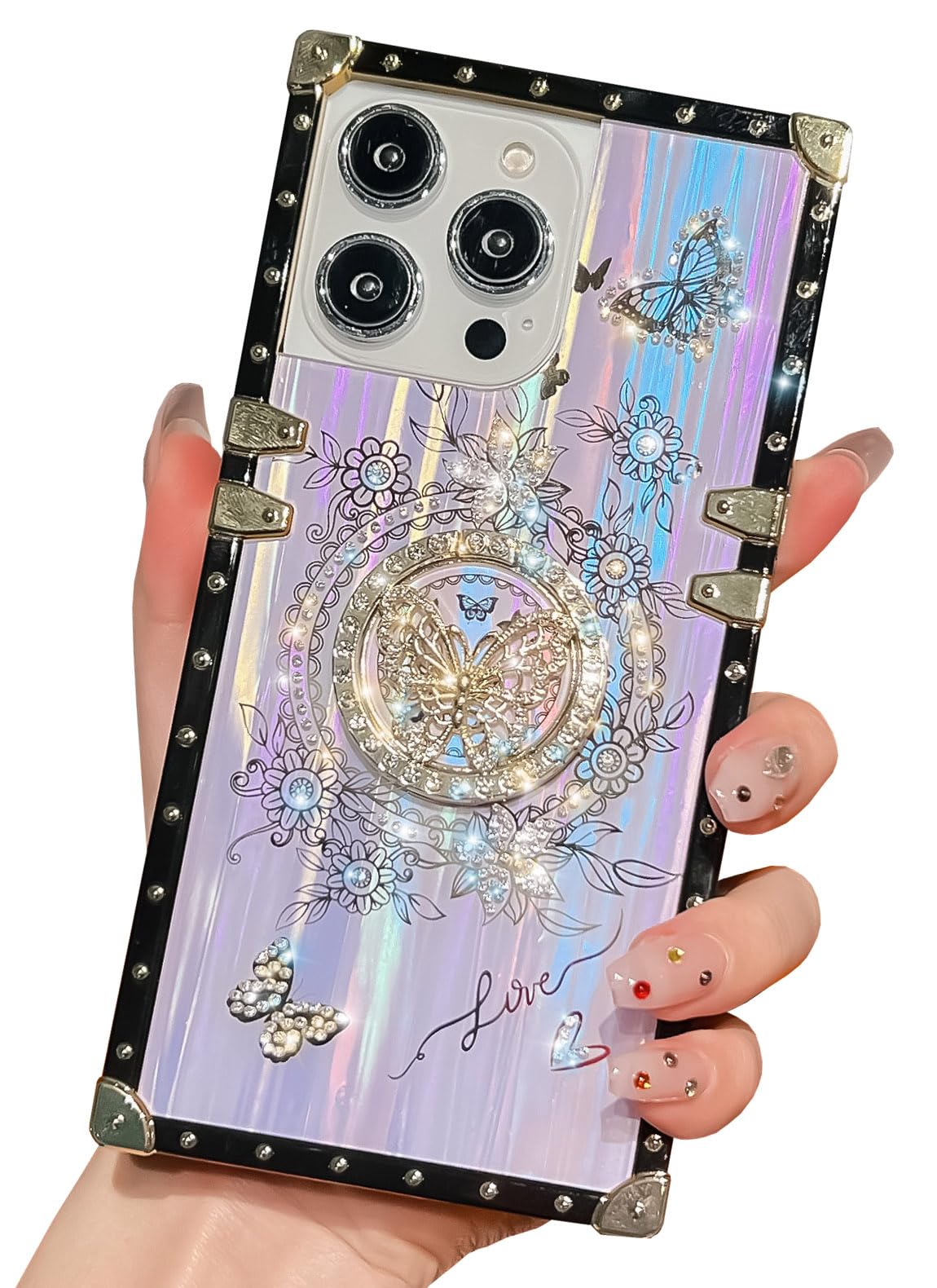 TRODINO Cute Compatible with iPhone 13 Pro Max Case, Luxury Bling Butterfly with Foldable Kickstand Holder for Women & Girls, Glossy Colorful