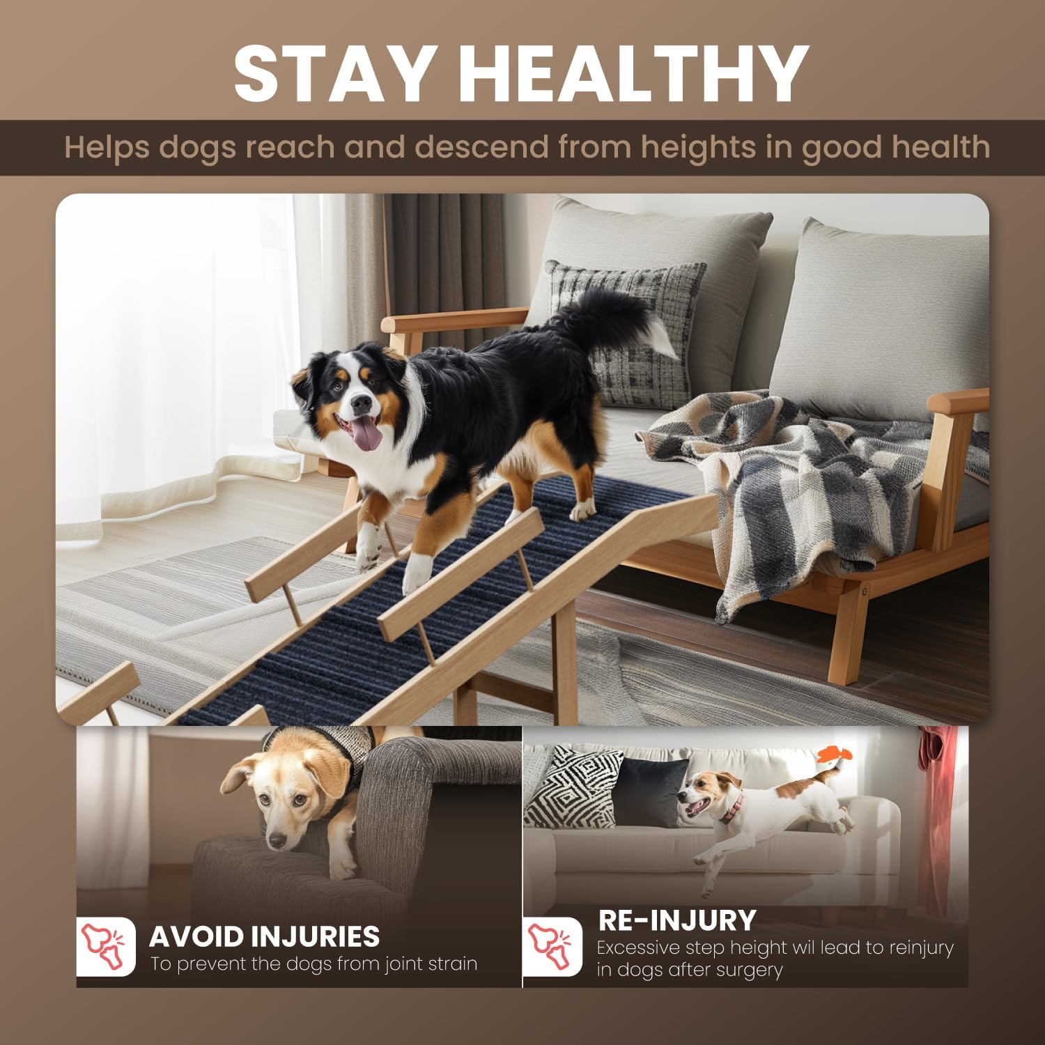 Dog Ramp for Bed,Extra Long 64" Folding Pet Ramp Adjustable Height 24" to 30" Wooden Dog Ramp for Small Large Dogs to Get on Bed,Dog Bed Ramp Portable Pet Ramp for Couch,Car, Bed