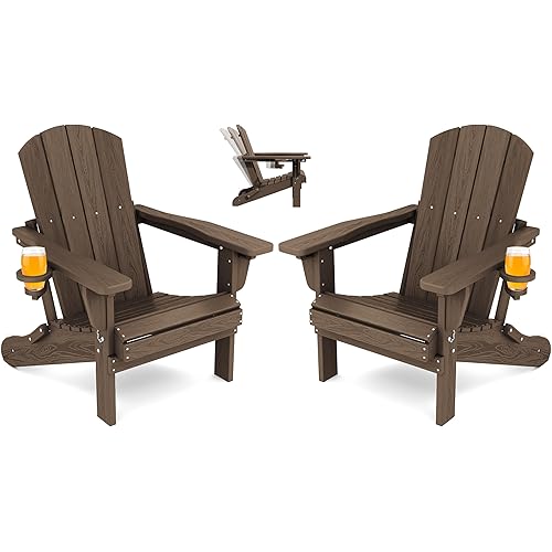 SERWALL Folding Adirondack Chair Set of 2, Adjustable Adirondack Chair with 3 Recline Positions, All Weather HDPE Outdoor Adirondack with Cup Holders, Coffee