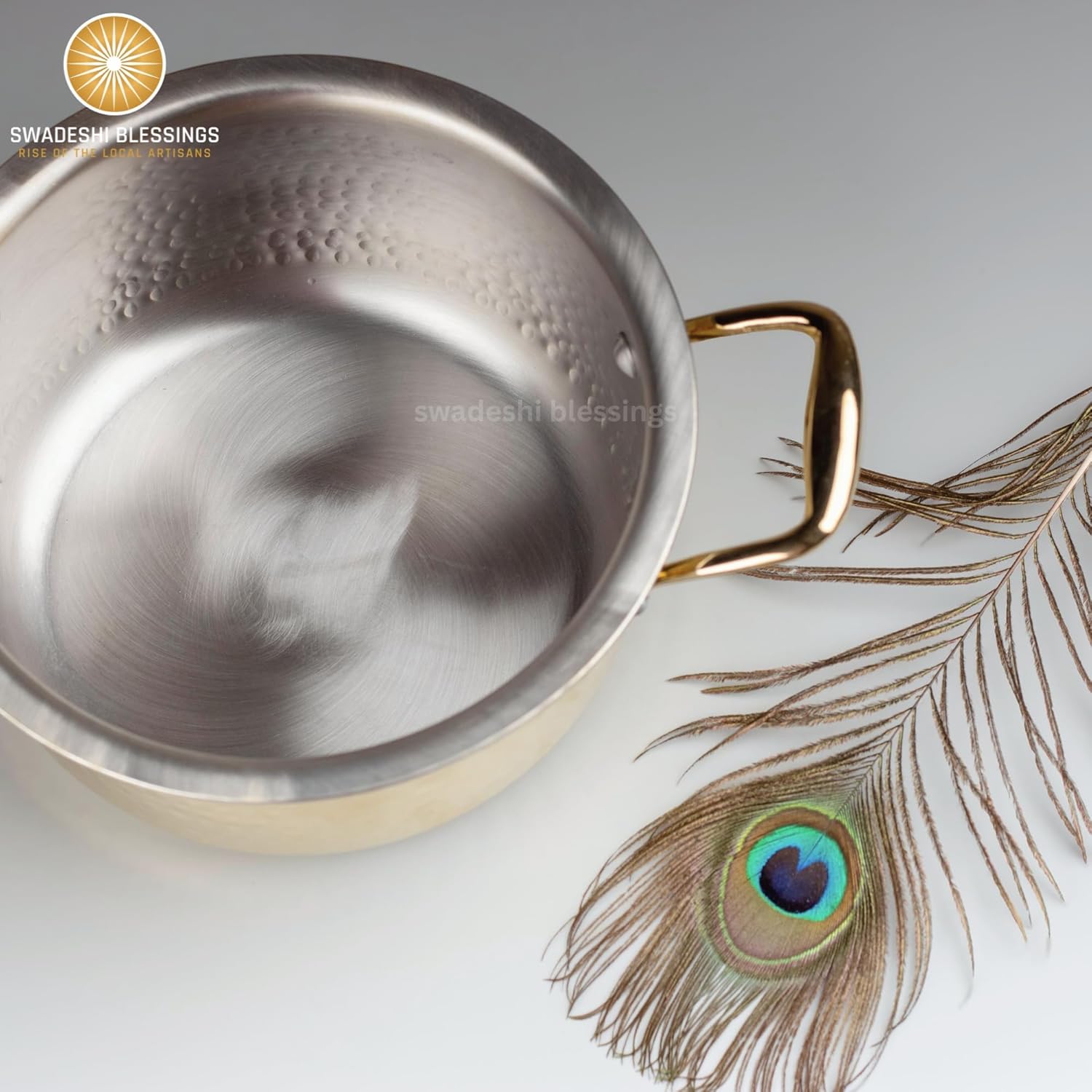 Swadeshi Blessings Exclusive Range Brass Pot/Stock Pot for Cooking with Lid/Teflon-Free/Naturally Non-Stick Brass Utensils with Tin Coating (1 Litres)