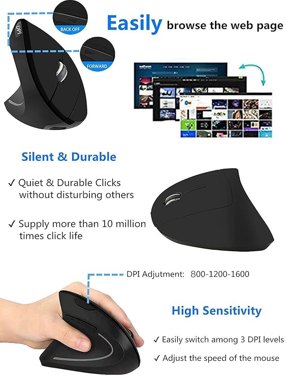 BeWishes Ergonomic Left-Handed Wireless Vertical Mouse, 2.4G, 3 Adjustable DPI (800/1200/1600), Specially for Left Handers