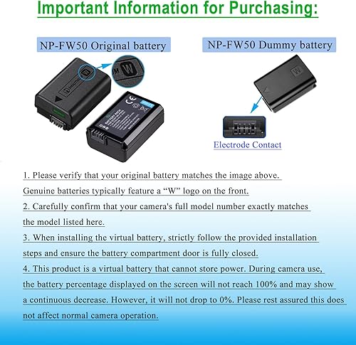 Miniatura 4 de Gonine AC-PW20 ZV-E10 Fuente de alimentación continua A6400 NP-FW50 Batería ficticia ACPW20 Kit adaptador de CA para Sony Alpha A6000 A5100 A6100