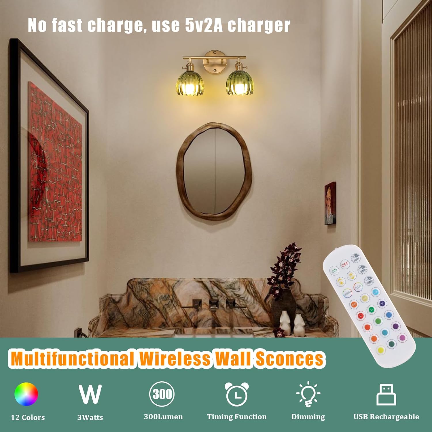 Shenmoyl Battery Operated Bathroom Light Fixtures, 2-Light Brass Vanity wall Light with 5000mAh Rechargeable Bulb Over Mirror with Green Tulip Glass Shade for Bedroom Living Room
