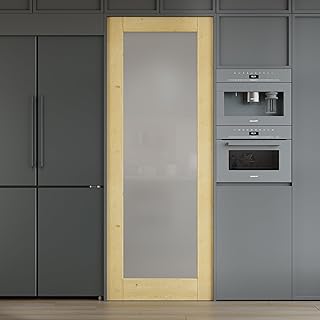 30x80 Prebuilt Frosted Glass Wood Door Slab, Sliding Barn Wood Door with Glass, Interior Doors, Solid Natural Premium Pine Panelled Slab, Apply to Rooms & Storage, Bedroom, Pantry, Laundry Room Doors