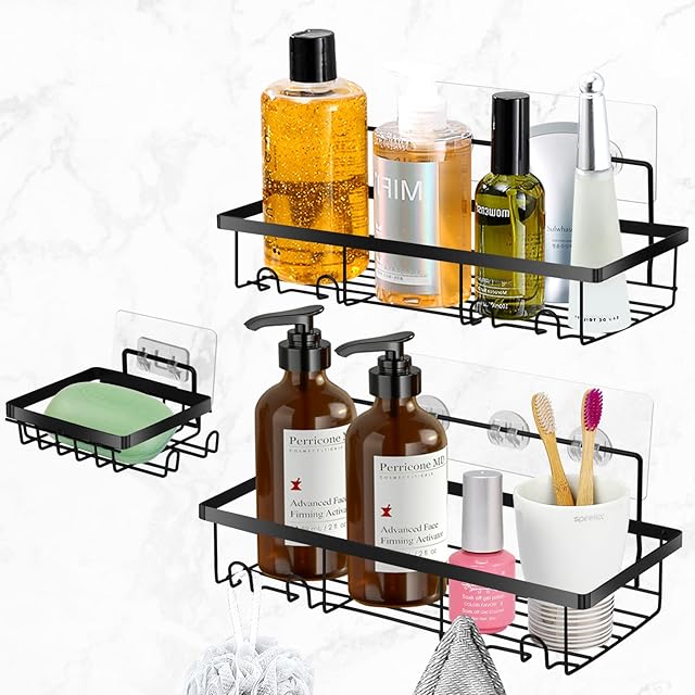 3 Pack Bathroom Shower Caddy, Black Bathroom Storage Shelves Organiser with 10 Hooks, Adhesive Wall Mounted No Drilling, Bathroom Accessories, Wall Shelf, Shampoo Holder, Soap Dish