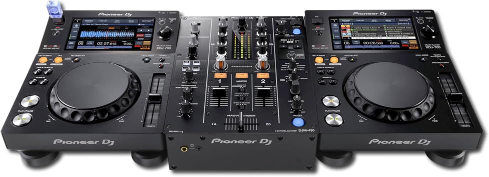 Pioneer XDJ-700 Pair Compact Tabletop Multi-Player Bundle with DJM-450 2-Channel Mixer 7-Inch Touchscreen Pro DJ Link Multi-Player Rig for Home DJs, Mobile DJs, Club Booths, Wedding DJs