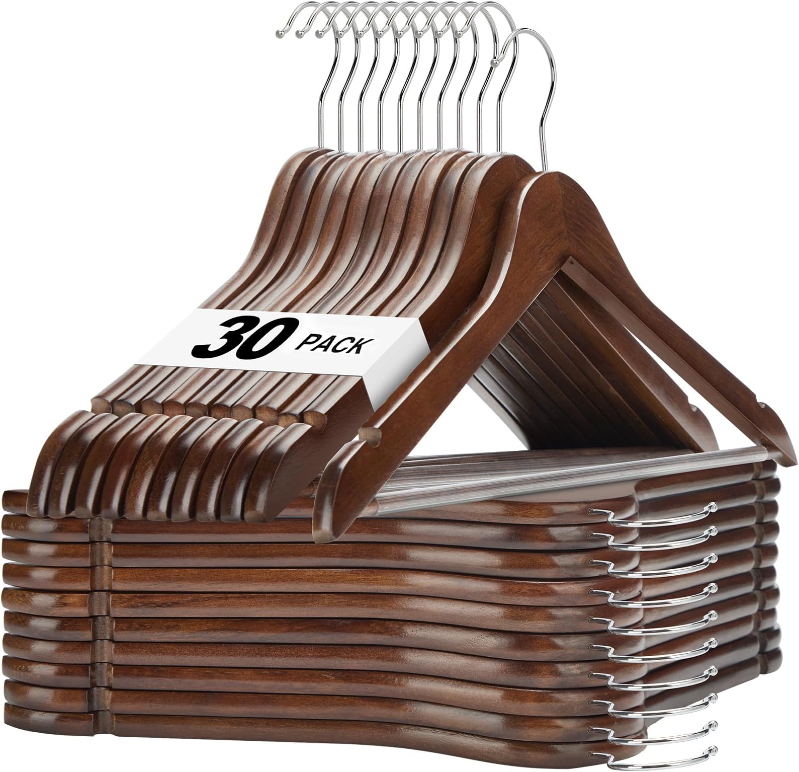 HOUSE DAY Walnut Wooden Hangers 30 Pack, Heavy Duty Wooden Coat Hanger for Closet, Solid Wood Hanger with Non Slip Pant Bar, Smooth Finish Wood Clothes Hangers for Shirts, Suits Jackets, Dress