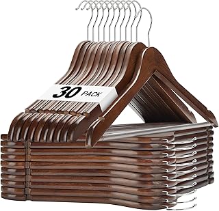 HOUSE DAY Walnut Wooden Hangers 30 Pack, Heavy Duty Wooden Coat Hanger for Closet, Solid Wood Hanger with Non Slip Pant Bar, Smooth Finish Wood Clothes Hangers for Shirts, Suits Jackets, Dress