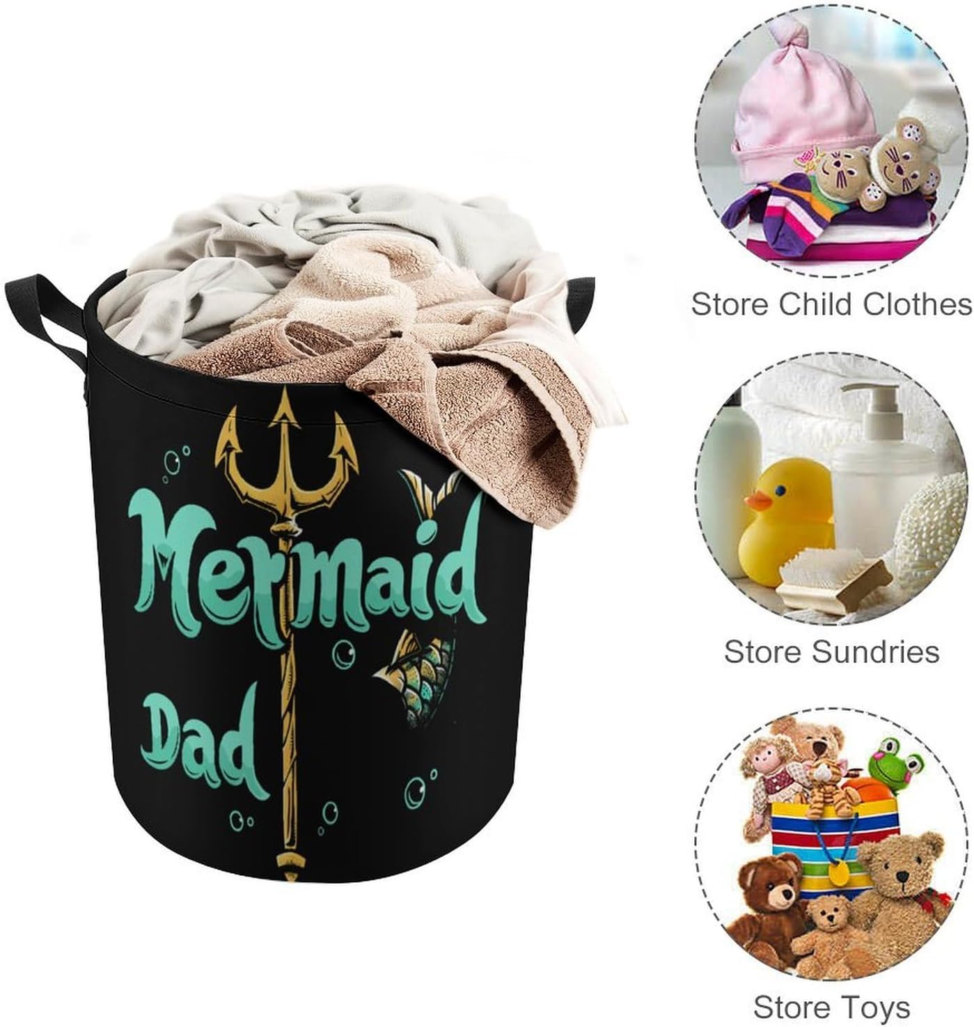 Mermaid Dad Mermaid Laundry Basket Dirty Clothes Hamper Storage Laundry Bag with Handles for Dorm Room 44x44cm