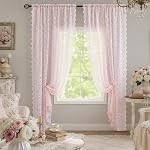 ALIGOGO Beige Lace Curtains 84 Inches Long 2 Panels | Boho Farmhouse, Bedroom Living Room Decor, Light Filtering Privacy, Rod Pocket, Scalloped Edges, 52W x 84L Inch
