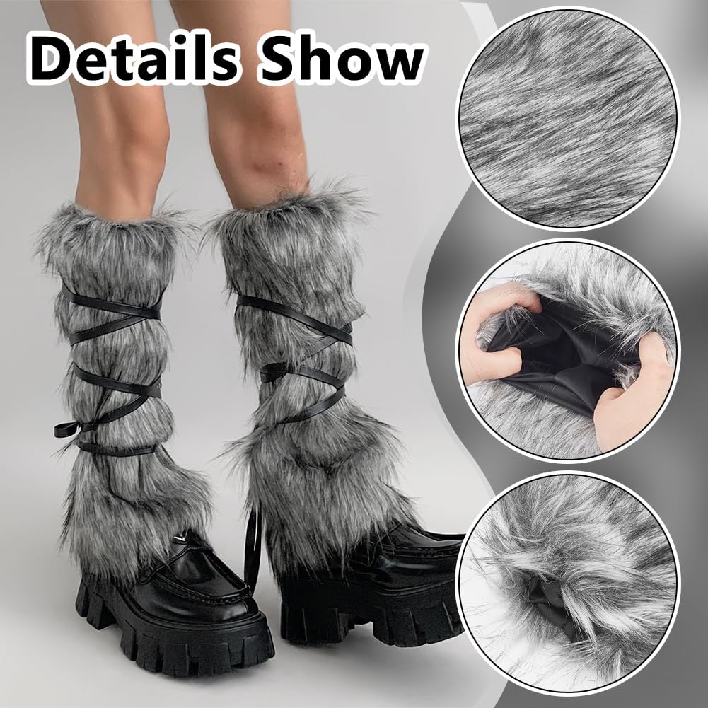 NBEADS Faux Fur Fuzzy Leg Warmers, Women's Furry Boot Covers with Strap Warm Fur Boot Cuffs Medieval Fuzzy Leg Warmers for Women Viking Costume Halloween Cosplay Accessory Gray - Image 3