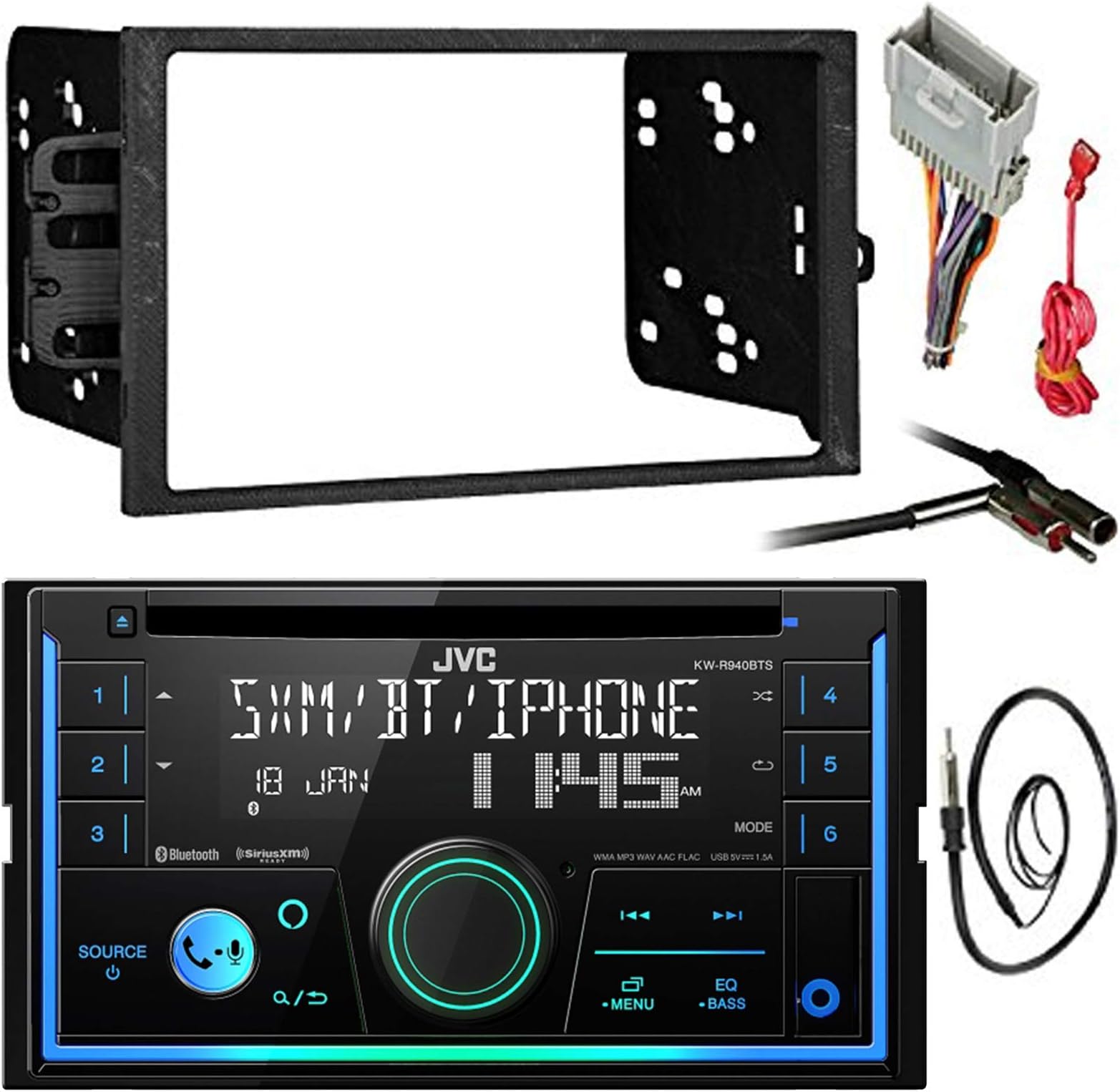 Double DIN Bluetooth Car Stereo Receiver CD Player Bundle Combo With Metra installation kit for car stereo (Compatible with Most GM Vehicles) + Wire Harness + Enrock 22" Radio Antenna With Adapter