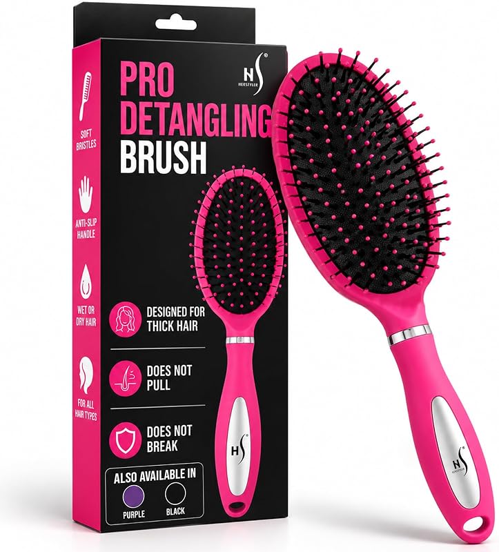 HerStyler Thick Hair Detangler Brush - Wet or Dry Use - Pain Free - Pink | Detangling Brush for Thick, Long, Curly Hair & Knots - Soft Ball Tip Bristles - Comfortable Grip - Suits Wet or Dry Use