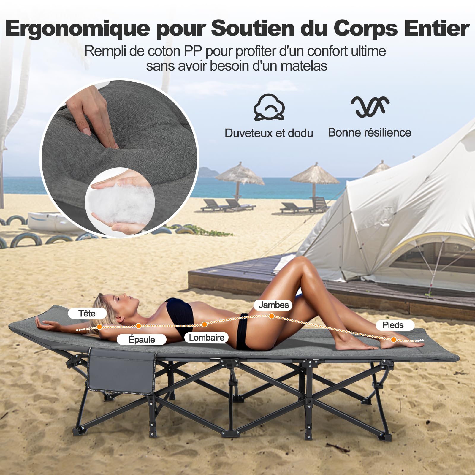 GOPLUS Lit de Camp, Lit de Camping Pliant avec 10 Pieds de Soutien et Sac de Transport, pour Voyage, Camping, Plage, Cadre Fort en Acier, 190X68,5X48,5CM, Charge 200KG (Gris)