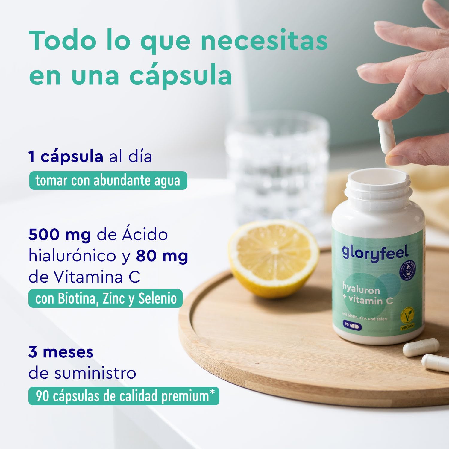 Ácido Hialurónico + Vitamina C + Biotina + Zinc + Selenio - ActiHyal® Materia prima para un alto grado de pureza (95%) - Para la piel, articulaciones, los huesos y el cabello