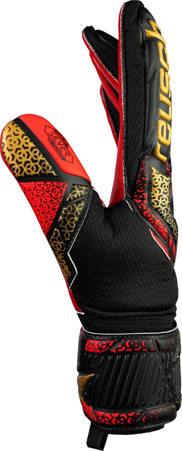 Reusch Attrakt Silver Goalkeeper Gloves, Black/Gold/Red, Size 10