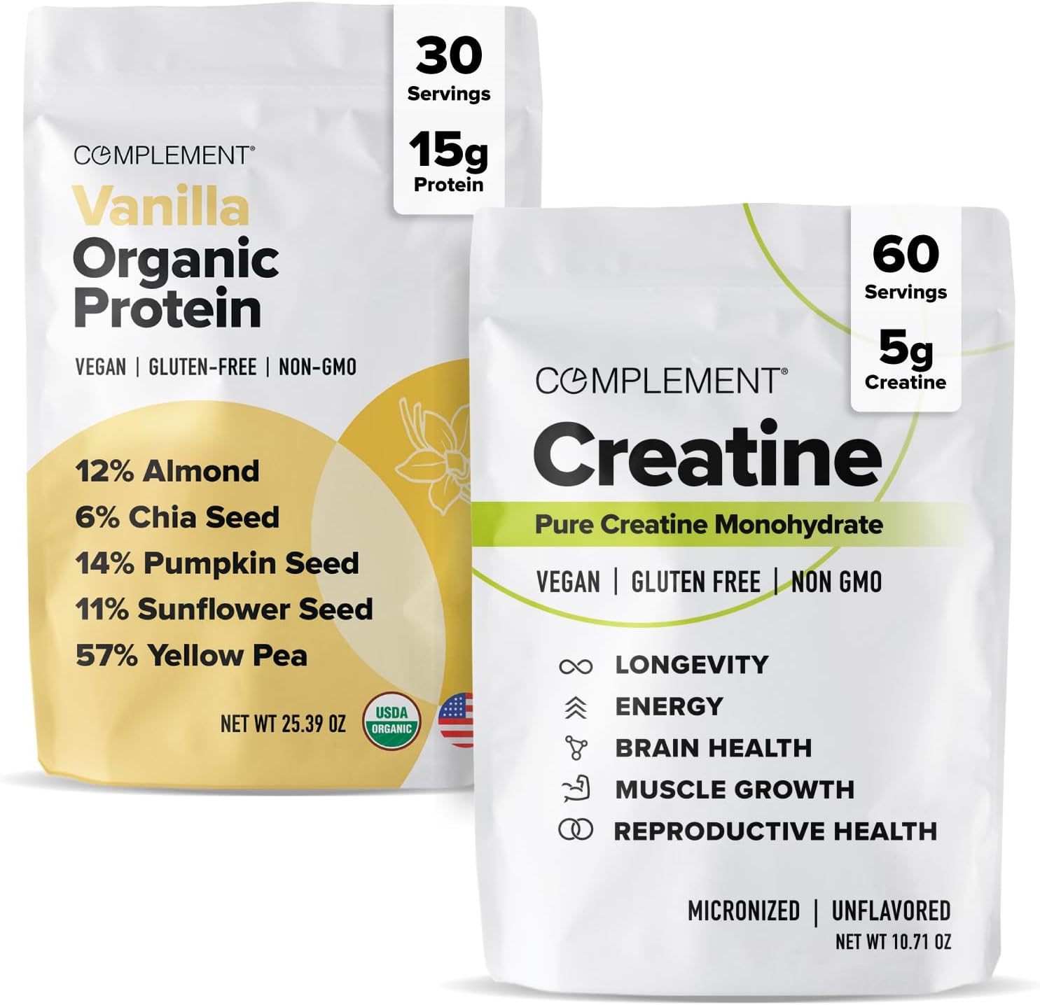 Complement Protein & Creatine Bundle | Organic Vanilla Protein + Micronized Creatine for Recovery & Energy