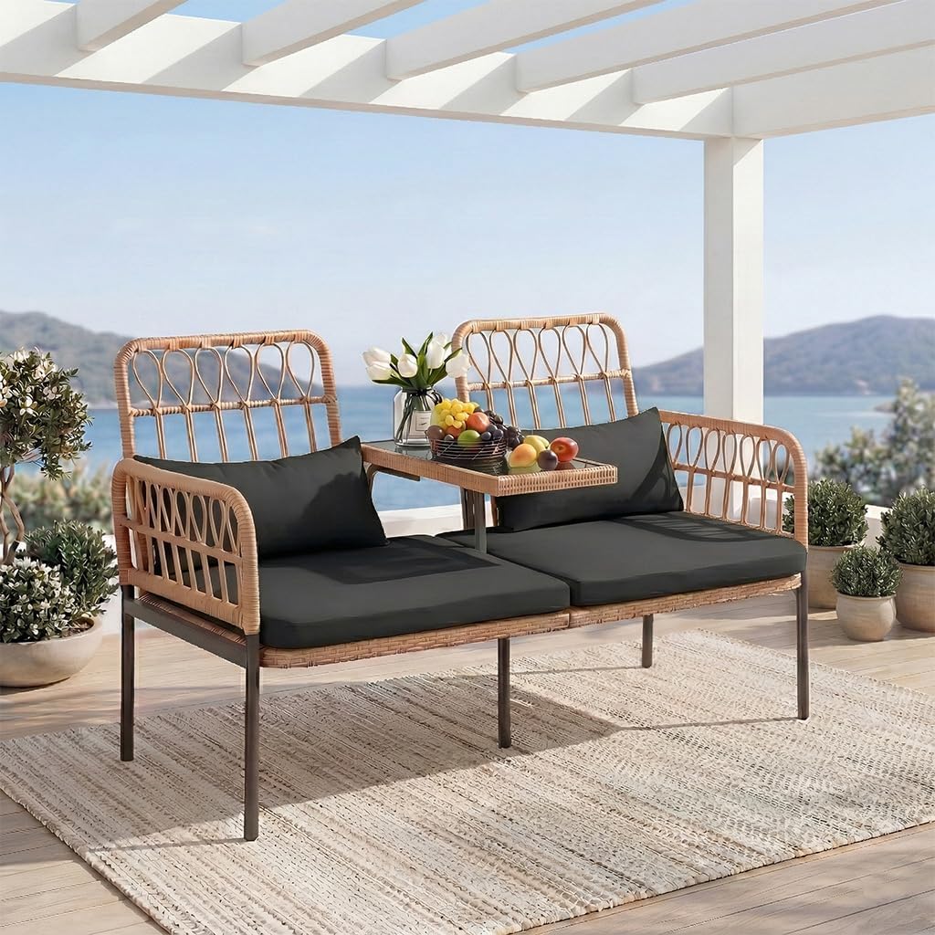 PROHIKER Outdoor Rattan Loveseat with Built-in Glass Table, 2-Seat Wicker Patio Furniture Set with Lumbar Pillows & Thick Cushions, All-Weather Conversation Sofa for Balcony, Porch & Backyard